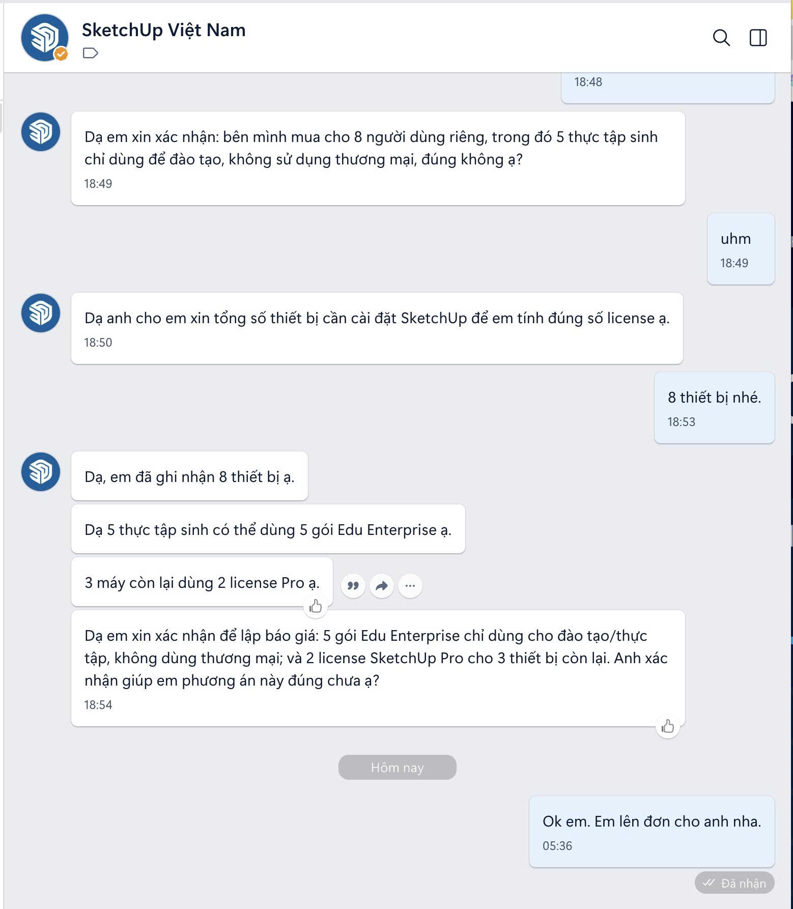 Hội thoại AI tư vấn 5 gói Edu Enterprise và 2 license Pro, khách xác nhận lên đơn