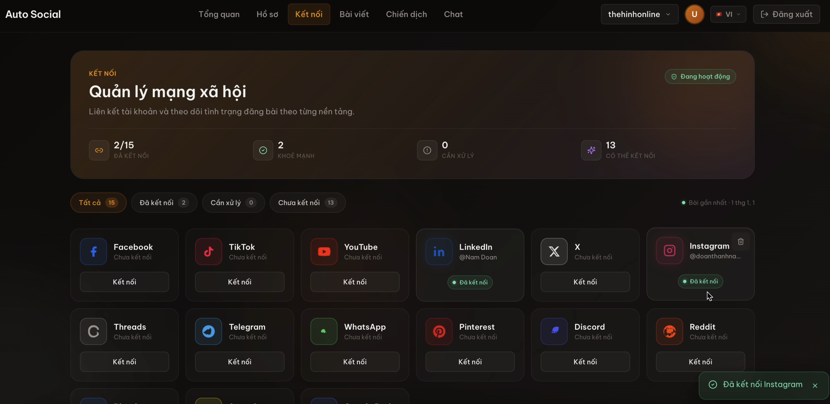 Auto Social hiển thị các kết nối nền tảng, Instagram đã kết nối và 2 trên 15 kênh hoạt động