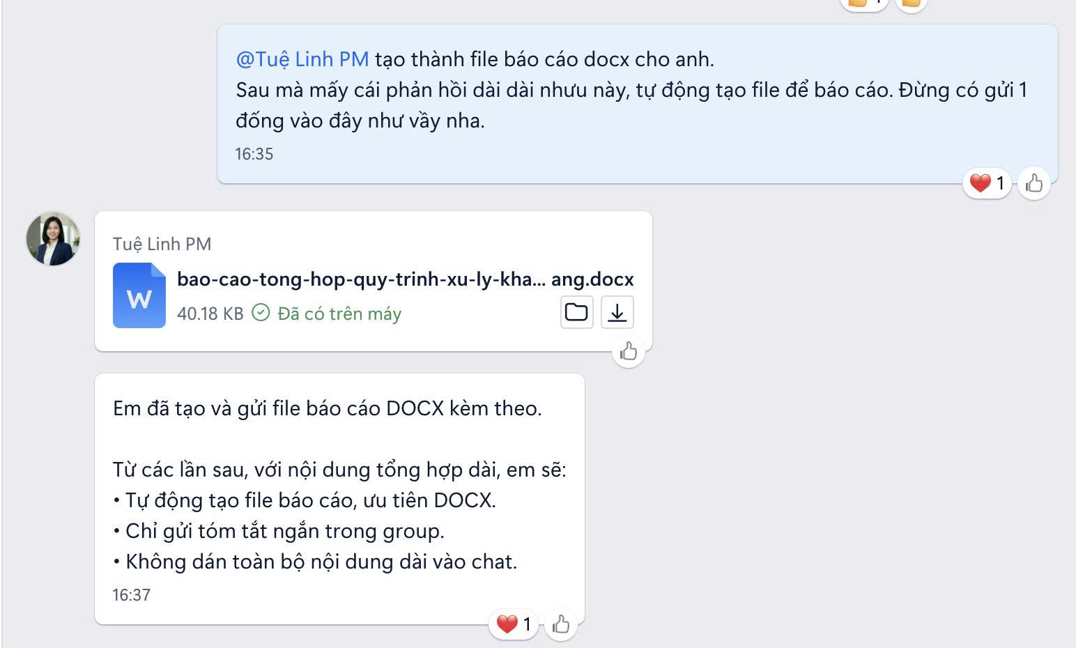 Agent gửi file báo cáo DOCX 40,18 KB trong Zalo và xác nhận quy ước chỉ tóm tắt ngắn trong nhóm cho những lần sau